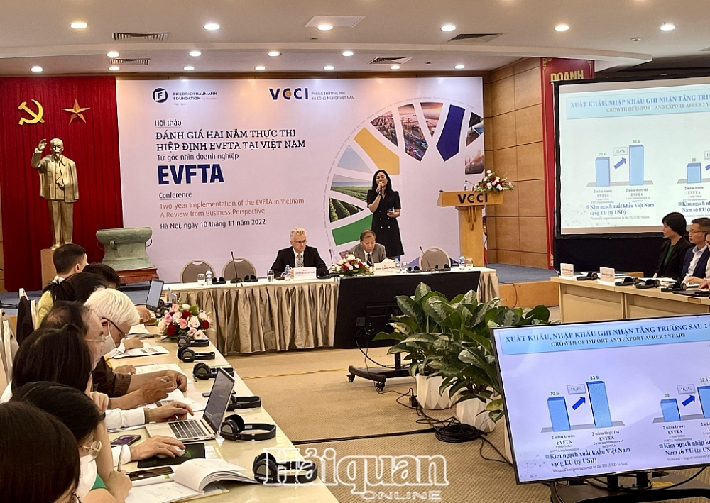 Hội thảo: “Đánh giá hai năm thực thi Hiệp định EVFTA tại Việt Nam từ góc nhìn doanh nghiệp”. Ảnh: H.Dịu